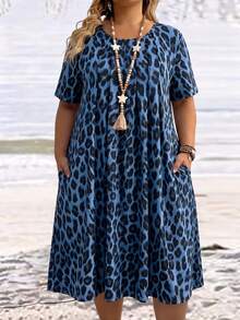 Breezaya Plus Size Women Casual All Over Leopard Print Round Neck With Pocket Short Dress,Beach Dress Boho Dress For Women ,Summer Vation Dress Sundress Easter Women Dress - Blue - View 1