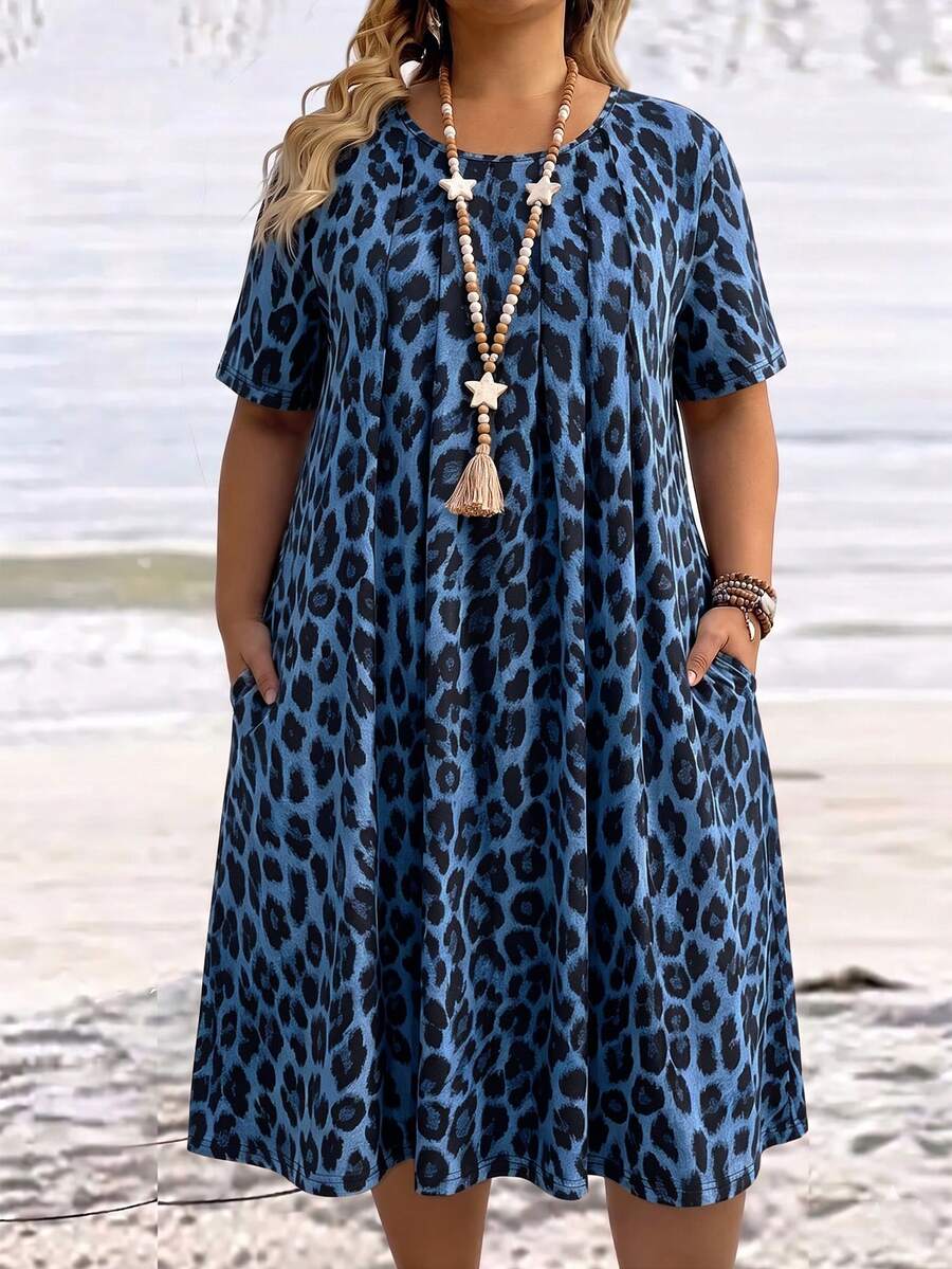 Breezaya Plus Size Women Casual All Over Leopard Print Round Neck With Pocket Short Dress,Beach Dress Boho Dress For Women ,Summer Vation Dress Sundress Easter Women Dress - Blue - View 1