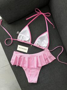 Swim Mod 新款女款泳衣套裝，夏季新品，海灘與海邊百搭 2 件套，甜美系列，粉色調，分體式，熱銷粉色與白色條紋印花搭配海洋五星小飾品裝飾，可調節背部上衣，荷葉邊蓬鬆裙下擺配細粉色對比飾邊，適合夏季甜美風海灘、海邊、泳池、度假穿著與搭配 - 粉色 - 查看 5