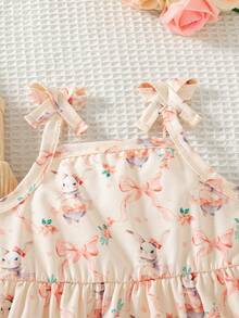 SHEIN 2pcs/Set Baby Girl Casual Cute Basic Versatile Funny Cartoon Watercolor Rabbit Print Cami Dress, Spring/Summer, Valentine's Day, Easter, Orange Beige - Apricot - View 6