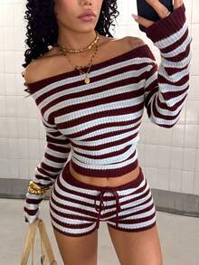 StreetHx Streetwear Women's Autumn/Winter Color-Block Pique Casual Versatile Y2K Square Neck Cool Sweater 2 Pieces Set - Multicolor - View 6