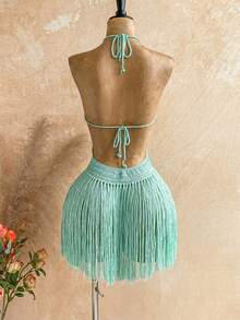 Soleia Women's Solid Color Tassel Design Sexy Boho Knit Halter Neck Dress Beach Vacation Sage Green Autumn - Mint Green - View 2