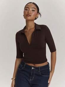 SHEIN BAE 女款休閒優雅極簡通勤上班短袖 Polo 領上衣，梅紅色上衣，紫色上衣，藕紫色上衣，外出上衣，休閒上衣，辦公室上衣，教師上衣 - 咖啡棕 - 查看 5
