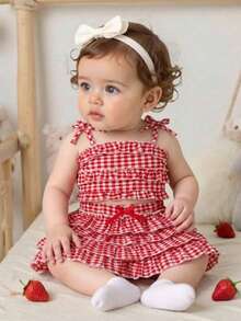 Baby Girl Plaid Cami Top And Skirt Shorts Casual Daily Outfit Set - Red - View 7