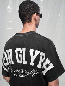 IRON GLYPH Men's Shoulder Sleeve Washed Letter Print T-Shirt - Black - View 5