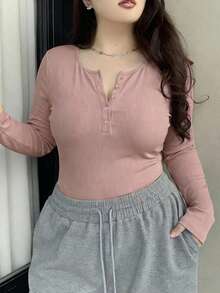 Dazy Plus Camiseta negra de manga larga con cierre parcial de cremallera, elástica y ajustada, de unicolor y versátil, para primavera/verano/otoño - Rosa - Ver 1