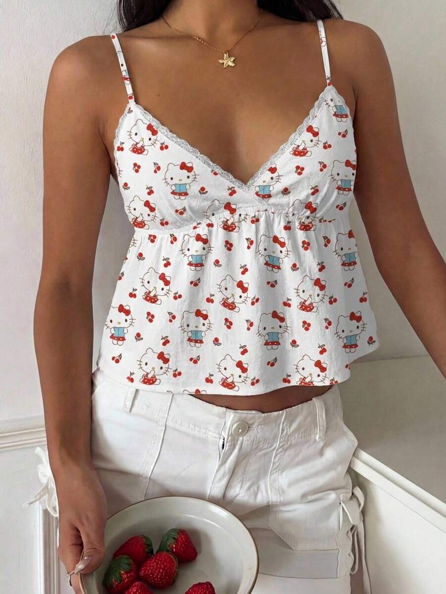 CovetEZ HELLO KITTY AND FRIENDS | SHEIN 女款蕾絲聯名款細肩帶背心 - 彩色 - 查看 1