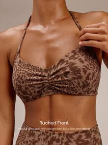 GLOWMODE FeatherFit™ Adjustable Halter Neck Backless Ruched Front Sports Bra With Removable Anti-Slip Cups Yoga Studio Pilates Daily Wear - Brown - View 3