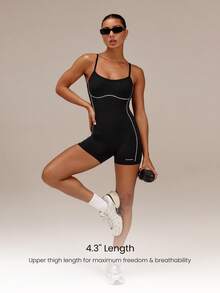 GLOWMODE 4.3" FeatherFit™ How Low Can You Go Two-Tone Low Back Bodysuit With Adjustable Straps & Removable Cups Yoga Pilates Studio Summer Wear - Black - View 2
