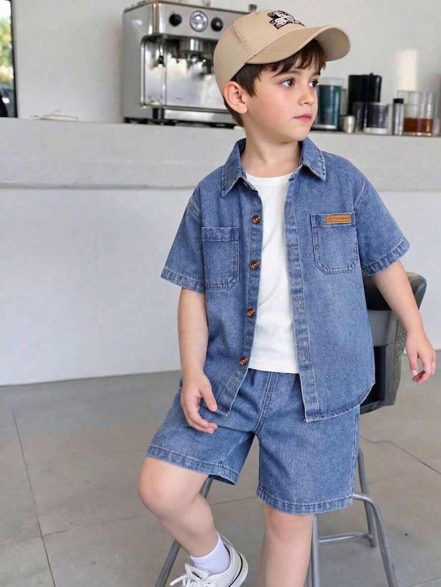 SHEIN Explorewe 3 件套年轻男孩复古美式夏季服装:宽松设计牛仔衬衫 + 白色 T 恤 + 休闲牛仔短裤 - 藍色 - 查看 1