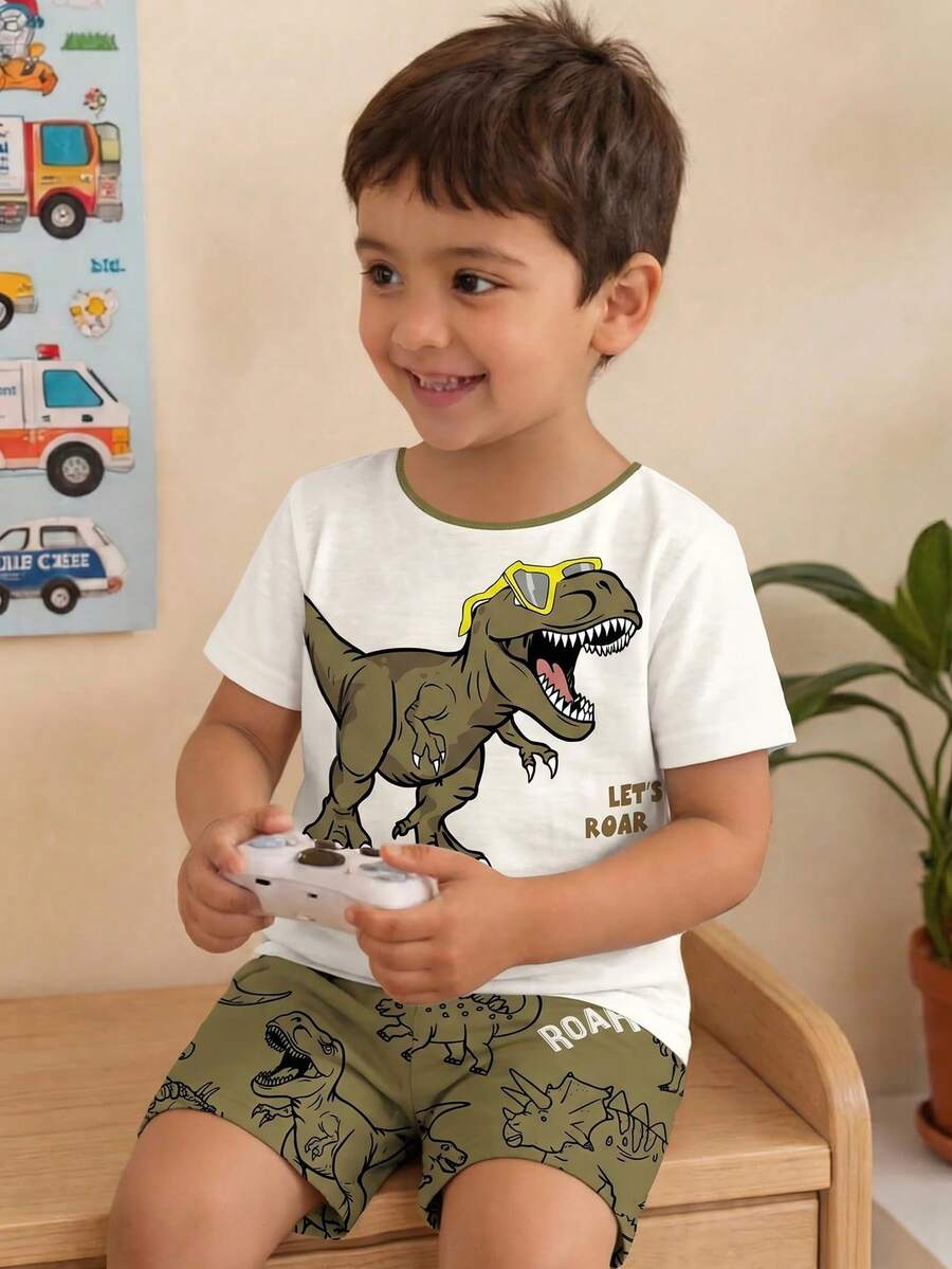 Young Boy Casual Minimalist Cartoon Pattern Short Sleeve T-Shirt And Shorts Loungewear, Suitable For Spring And Summer, Classic Handsome Bear Graphic Print, Slim Fit - Multicolor - View 1