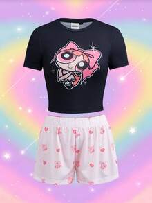 THE POWERPUFF GIRLS X SHEIN 女款卡通短袖上衣與短褲睡衣套裝 - 黑色 - 查看 3