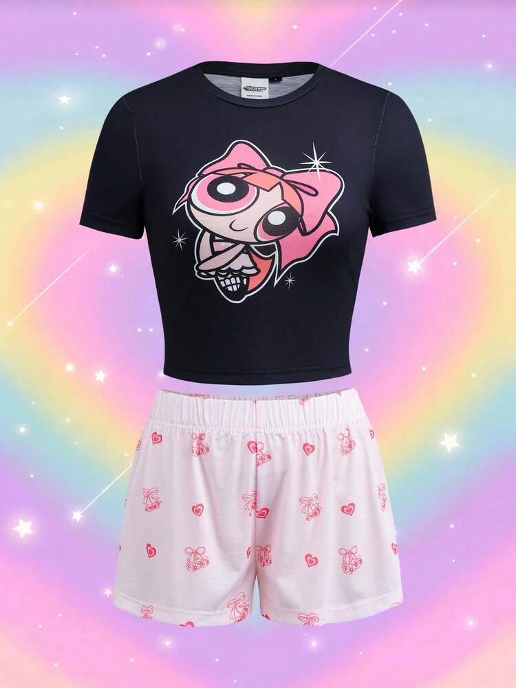 THE POWERPUFF GIRLS X SHEIN طقم بيجامة نسائي بتصميم كرتوني بأكمام قصيرة وشورت - الأسود - مشاهدة 3