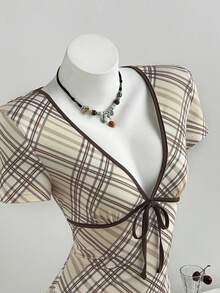 Elamini Women's Plaid Front Tie Short Sleeve Casual Preppy Sexy Cute Short Dress Back-To-School Date Everyday Graduation Teacher Elementary Beige Summer - Apricot - View 1