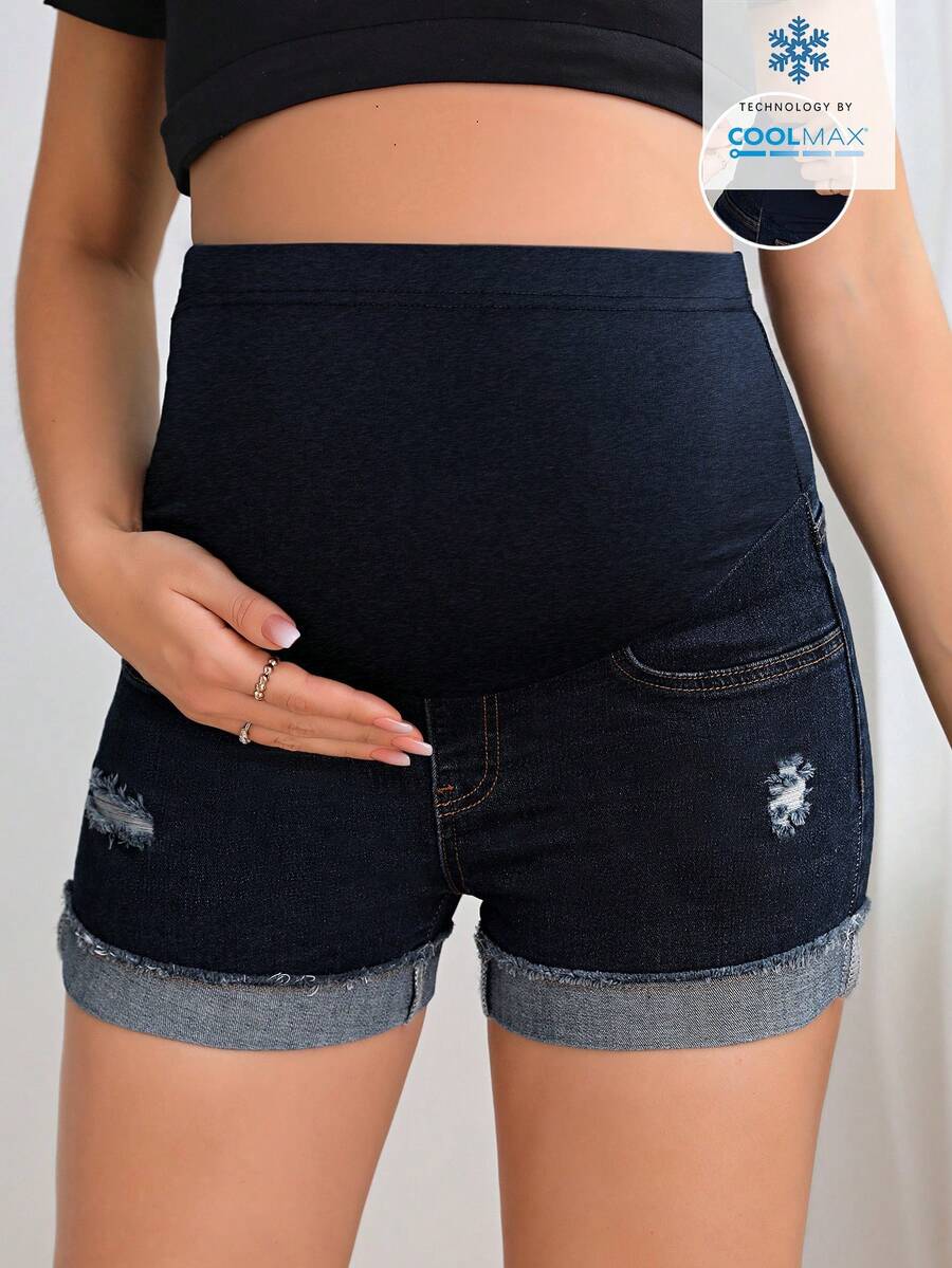 SHEIN 孕婦可調腰圍破洞休閒牛仔短褲 - 深色水洗藍 - 查看 1