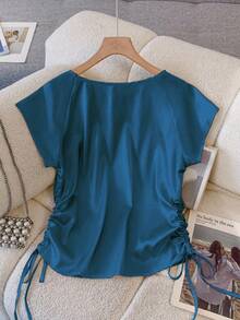 Franclia Elegant Round Neck Raglan Short Sleeve Elastic Satin Drawstring Hemline Women's Blouse, Suitable For Spring And Summer Clothes For University - Blue - View 2