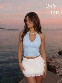 SHEIN MOD Women's Rhinestone Decor Ruched Figure-Flattering Halter Neck Tank Top - Baby Blue - View 5