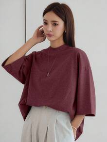 Livesso 春夏情人節寬鬆商務休閒風時尚女款短袖辦公穿搭T恤 - 酒紅色 - 查看 4