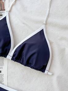 SHEIN 夏季少女纯色简约海军蓝白撞色吊带比基尼套装，休闲沙滩度假装，夏季新款少女比基尼泳装，两件式泳衣，少女两件式泳装 - 藍白色 - 查看 6