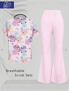 PopScrub 2件組休閒花卉兔子卡通印花制服套裝，女款時尚V領短袖雙口袋垂耳設計工作上衣與喇叭褲兩件套，春/夏 - 彩色 - 查看 2
