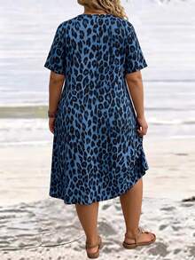 Breezaya Plus Size Women Casual All Over Leopard Print Round Neck With Pocket Short Dress,Beach Dress Boho Dress For Women ,Summer Vation Dress Sundress Easter Women Dress - Blue - View 2