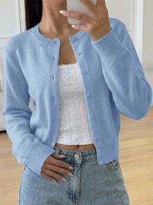 SHEIN 青少年女孩純色長袖單排扣休閒針織秋季開襟衫 - 藍色 - 查看 4