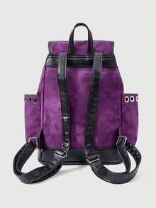 ROMWE Grunge Punk Gothic Witch Embroidery Backpack Moonworm Fern Plant Extract Backpack, Suede Drawstring Fringed School Bag - Purple - View 4