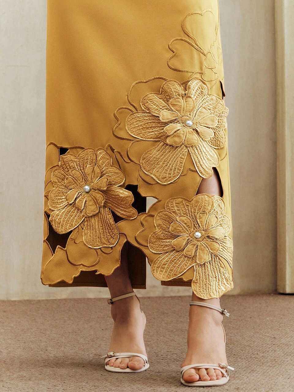 Anewsta Plus Size Women Mustard Yellow Elegant Summer Wedding Guest Dress,Hollow Embroidery Pearl Decor Straight Waist Short Sleeve Luxury Long Dress