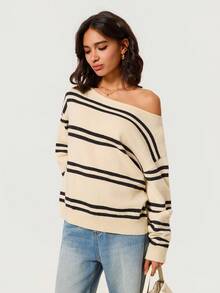 SHEIN BASICS 女款條紋落肩長袖休閒毛衣 - 彩色 - 查看 5