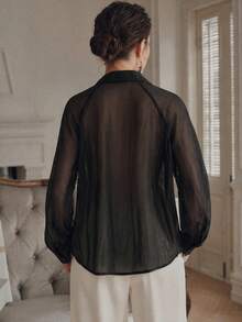 Anewsta Women's Solid Light Apricot Elegant Loose Drop Shoulder Long Sleeve Open Front Blouse, Textured Semi-Sheer Fabric, Minimalist Casual, Suitable For Spring/Summer, Daily Casual, Holiday, Beach, And Casual Workplace - Black - View 2