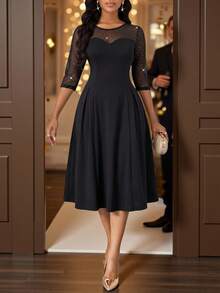 SHEIN Lady Women's Patchwork Rhinestone Mesh 3/4 Sleeve Elegant Midi Dress - Black - View 5