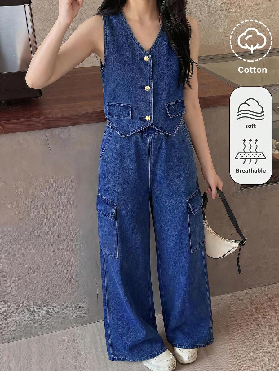 SHEIN 青少年女孩深藍色牛仔無袖背心與寬鬆長褲兩件套 秋季畢業季 Y2K 風格 - 藍色 - 查看 1