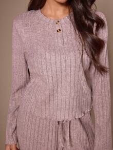 Lazeform Soft Ribbed Knit Long Sleeve Pajama Set, Slouchy Home Casual 2 Pieces Set - Pink - View 2