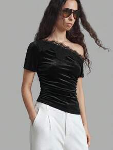 Ontre Women's Black Velvet Slim Fit Asymmetrical Shoulder Lace Trim Short Sleeve Top, Modern Sexy Business Casual Office Dinner Night Out Summer Top - Black - View 4