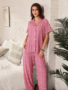 Serenescape Women's Vacation Style Geometric Print Lapel Short Sleeve Long Pants Pajama Set - Pink - View 6