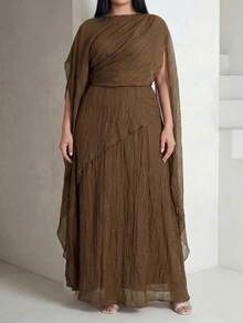 Veilorie Plus Size Elegant Solid Color Party Dress - Coffee Brown - View 2