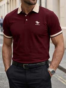 Manfinity Mode Men's Business Casual Ribbed Collar Short Sleeve Polo Shirt, Formal, Ceremony - Burgundy - View 1