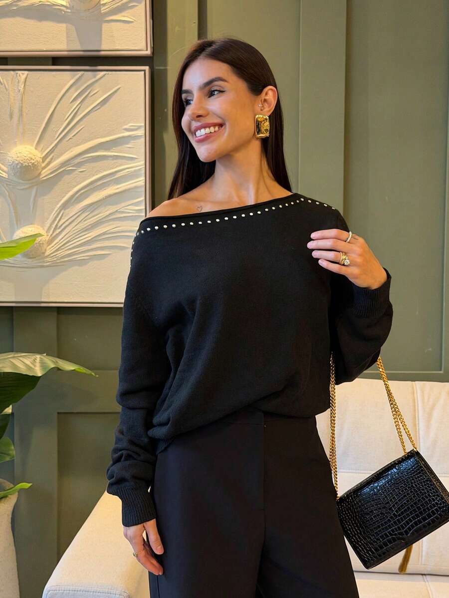 Yohana Edit Women's Asymmetrical Shoulder Vintage Rivet Decor Loose Pullover Knit Sweater,Black,Autumn Chic Night Out Fall Tops Long Sleeve Tops