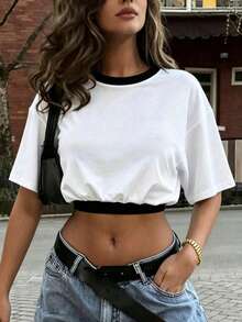 Rovax Atasan Crop Kasual Lengan Pendek Leher Bulat Bahu Jatuh Motif Colorblock untuk Wanita - Putih - View 1