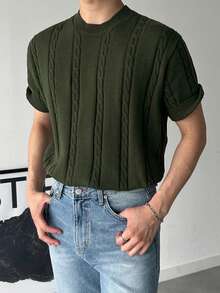 DAZY Camiseta de punto de manga corta unicolor verde militar acanalado para hombre - Verde militar - Ver 7