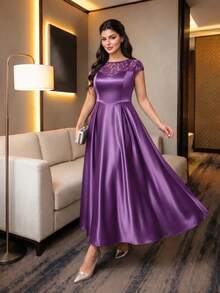 SHEIN Lady CURVE Plus Size Women's Lace Patchwork Elegant French Style Evening Formal Wedding Guest Dress For Party Wedding And Birthday Purple Summer Graduation - Purple - View 9