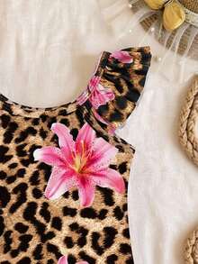 SHEIN 豹纹、芙蓉花、火焰树、海滩度假、#椰子女孩、女婴休闲修身吊带连体泳衣、适合夏季、公主风、小星星、女婴泳装、浪漫假期 - 彩色 - 查看 4