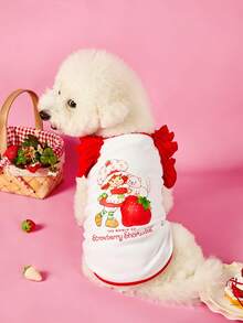 Strawberry Shortcake X PETSIN 1件猫狗通用衣服，红色荷叶边吊带宠物背心，印花复古草莓女孩小型犬上衣 - 白色 - 查看 2