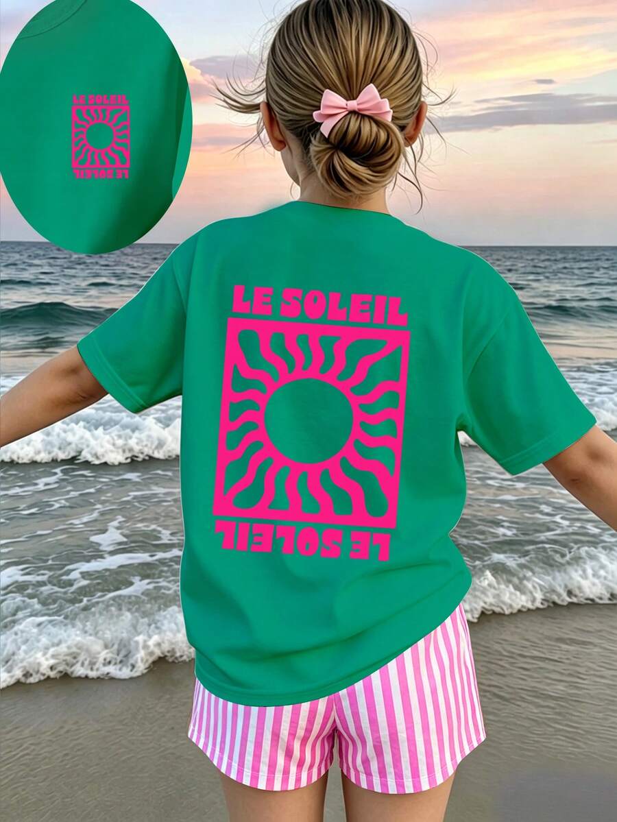 Girls' Fashion Creative Retro Green & Pink Swirl Sun Art Poster Letter Print Basic Short T-Shirt & White & Pink Vertical Striped Shorts Set - Multicolor - View 1