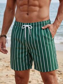 Manfinity EZcore Summer Plus Size Men's Striped Print Slant Pocket Drawstring Waist Casual Beach Shorts Holiday / Vacation / Beach / Hawaii / Tropical / Swim /  Bathing - Olive Green - View 5