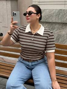 Dripcurv 大尺碼女款春季黑白條紋 Polo T恤，極簡休閒度假穿搭，女款休閒上衣，女款運動服 - 棕色 - 查看 6