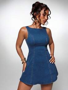 Normani 夏季/秋季節慶派對舞會畢業舞會休閒度假鄉村風Y2K女款休閒90年代日常秋季牛仔洋裝白天度假海軍藍 - 深色水洗藍 - 查看 4