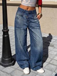 Muchica Jeans de mezclilla casuales holgados de pierna ancha con doble cintura y bolsillos para mujer, ropa de otoño, pantalones de maestra - Azul - Ver 2