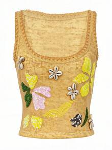 Ure Wave Women's Summer Vacation Street Party Y2K Music Festival Sequin Embroidered Pattern Detail Shell Decor Square Neck Fitted Tank Top, Going Out Top, Party Top, Holiday Outfit, Streetwear, Fashion Item - Yellow - View 2