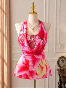 Rometta Plus Size Women's Halter Neck Metal Decor Floral Print Top - Multicolor - View 7